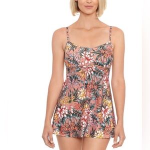 Swim Solutions Women's Tummy-Control Empire-Waist Swimdress rose pink size 8 NEW